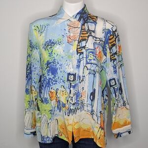 Michael Leu Blue Green Whimsical City Scape Silk Button Up L